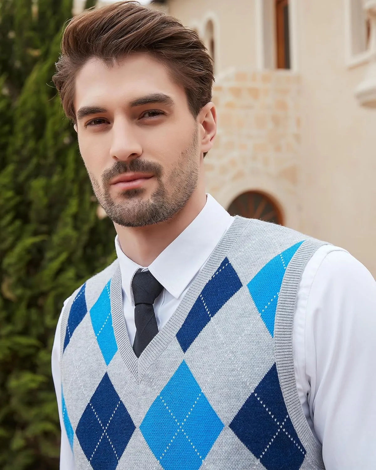 Kallspin Men's Argyle Vest Sweater Wool Blend V-Neck Sleeveless Pullover Sweater