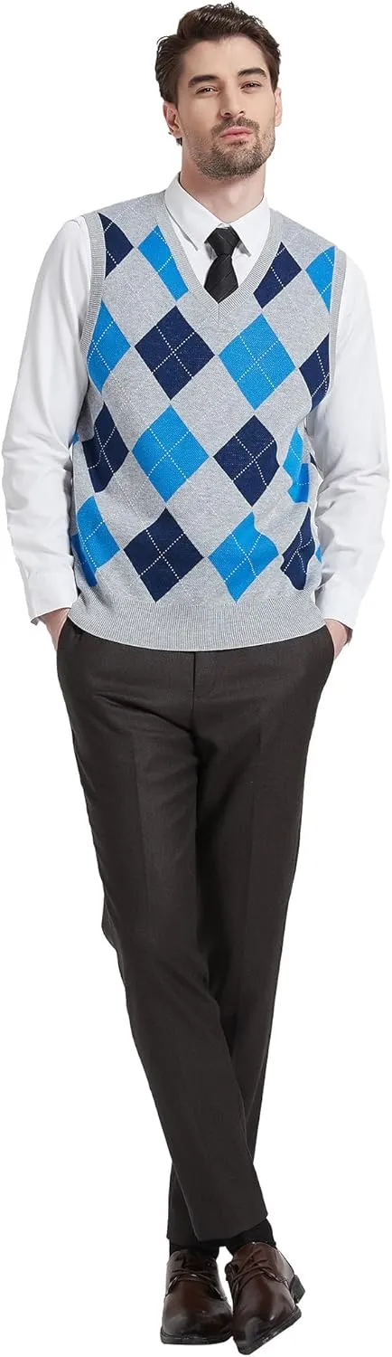 Kallspin Men's Argyle Vest Sweater Wool Blend V-Neck Sleeveless Pullover Sweater
