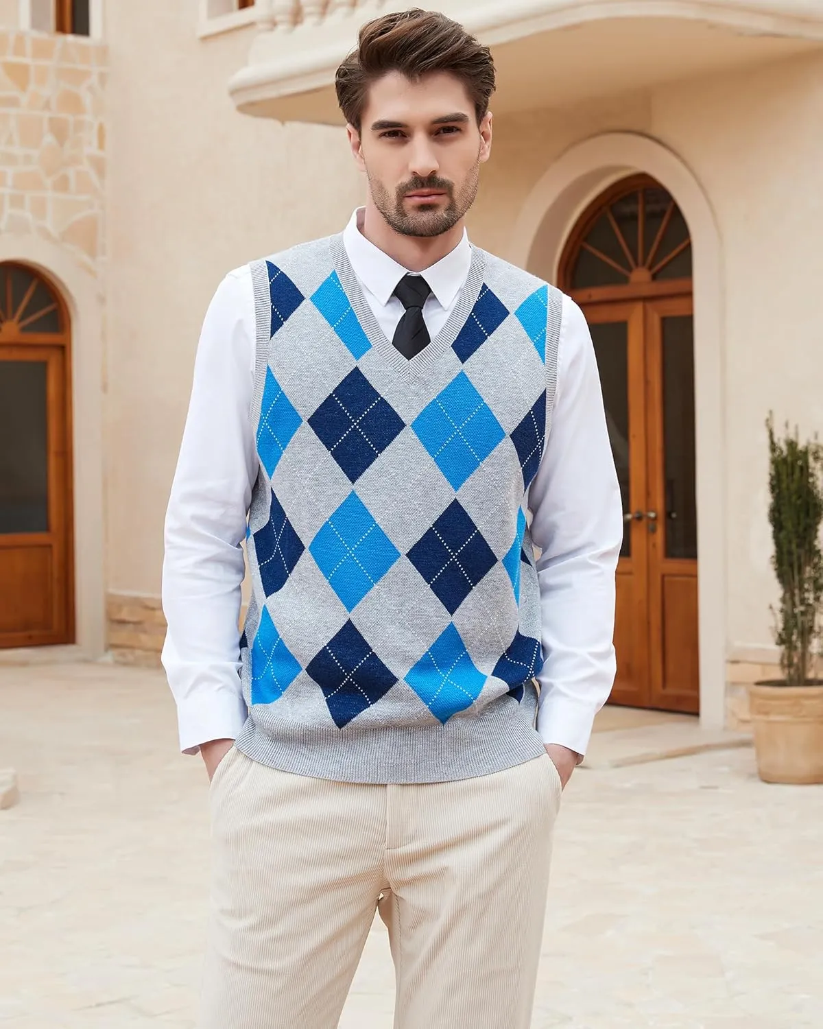 Kallspin Men's Argyle Vest Sweater Wool Blend V-Neck Sleeveless Pullover Sweater