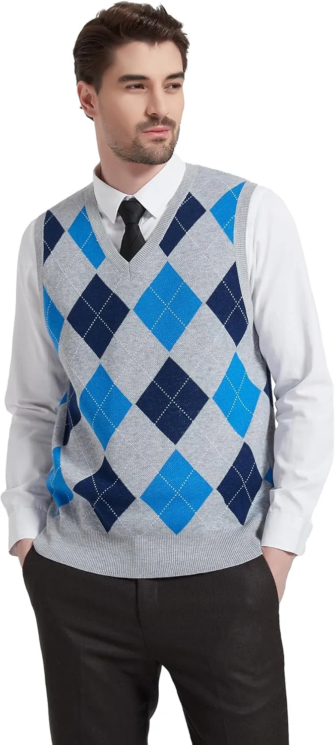 Kallspin Men's Argyle Vest Sweater Wool Blend V-Neck Sleeveless Pullover Sweater