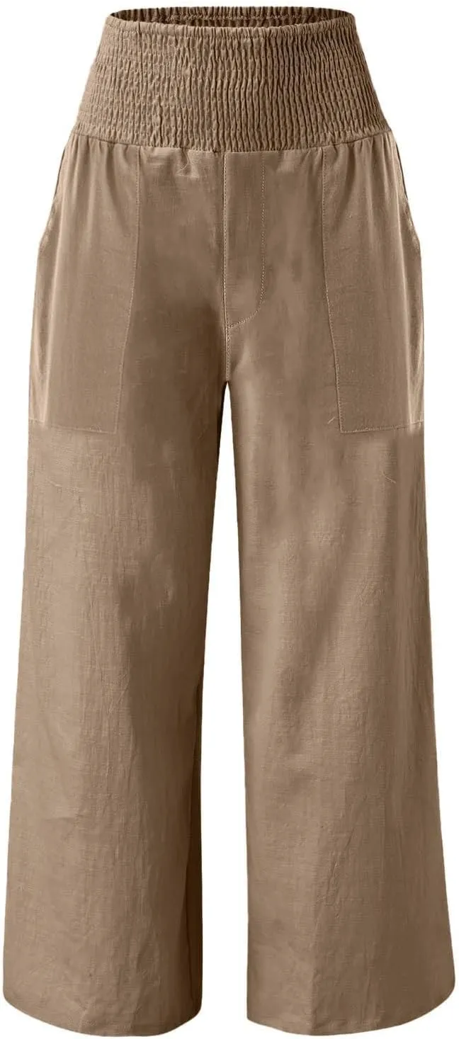 Khaki Linen Pants Women Wide Leg Flowy Breathable Friends' Gathering Beach Pants Spring Themed Party Casual Trousers