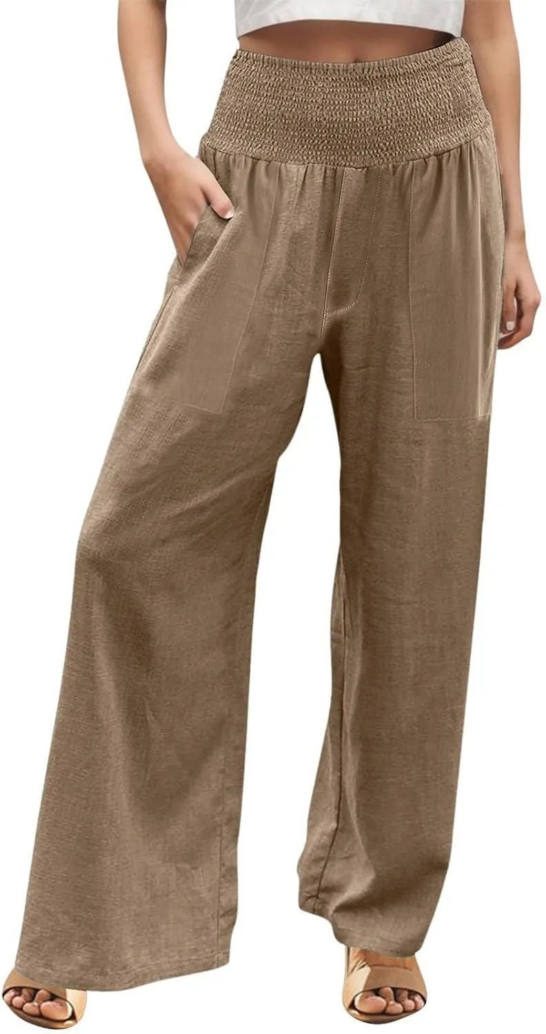 Khaki Linen Pants Women Wide Leg Flowy Breathable Friends' Gathering Beach Pants Spring Themed Party Casual Trousers