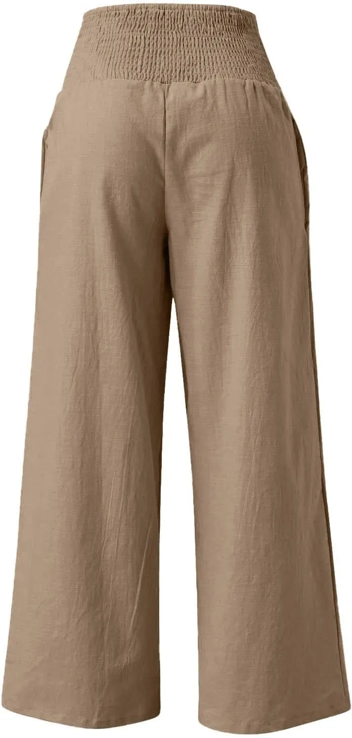 Khaki Linen Pants Women Wide Leg Flowy Breathable Friends' Gathering Beach Pants Spring Themed Party Casual Trousers