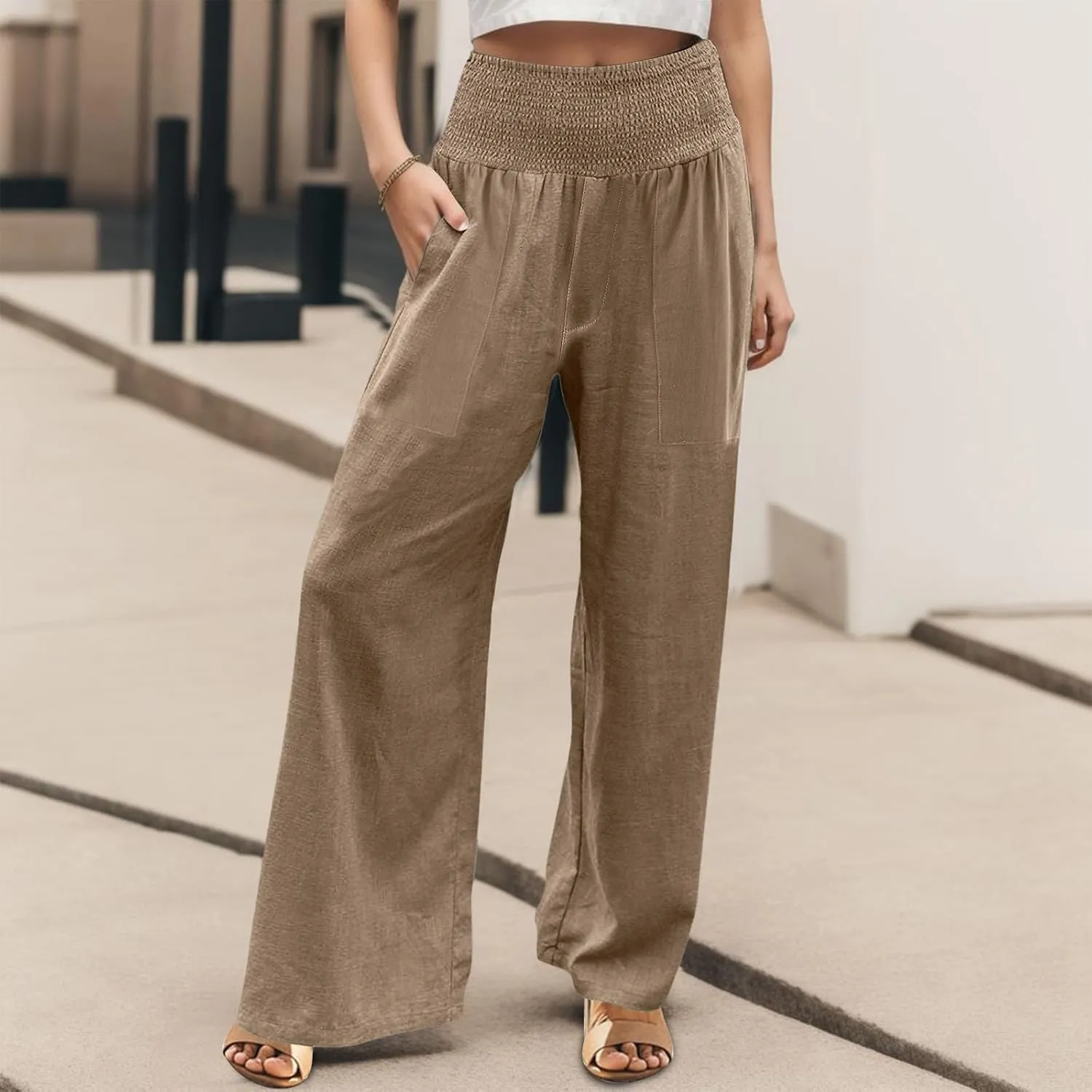 Khaki Linen Pants Women Wide Leg Flowy Breathable Friends' Gathering Beach Pants Spring Themed Party Casual Trousers