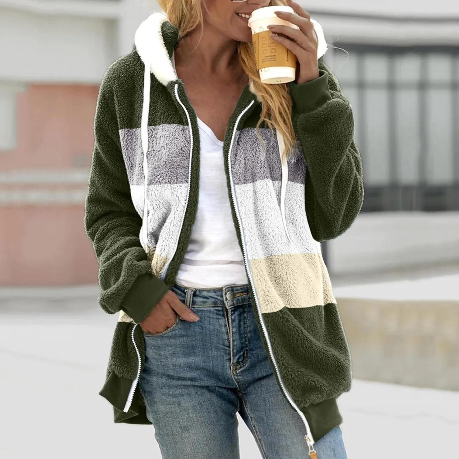Ladies Large Size Hooded Loose Plush Sweatshirt Comfy Multicolor Paneled Coat Dressy Zip Jacket Casual Dressy Clothes