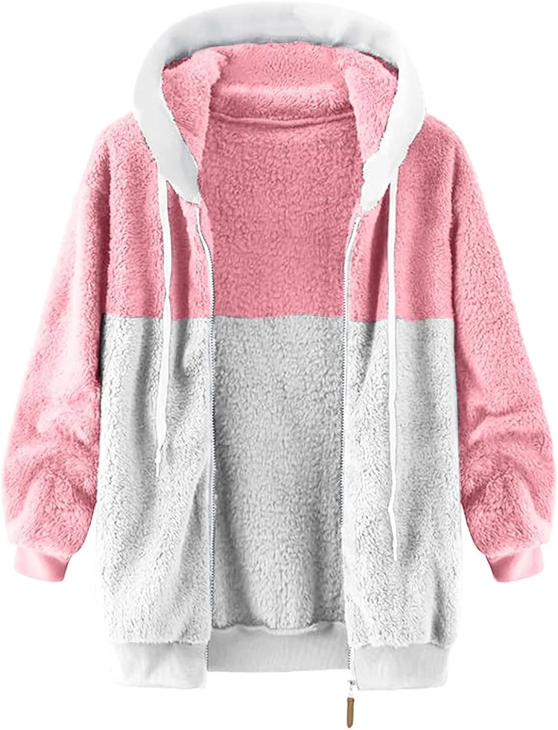 Ladies Large Size Hooded Loose Plush Sweatshirt Comfy Multicolor Paneled Coat Dressy Zip Jacket Casual Dressy Clothes