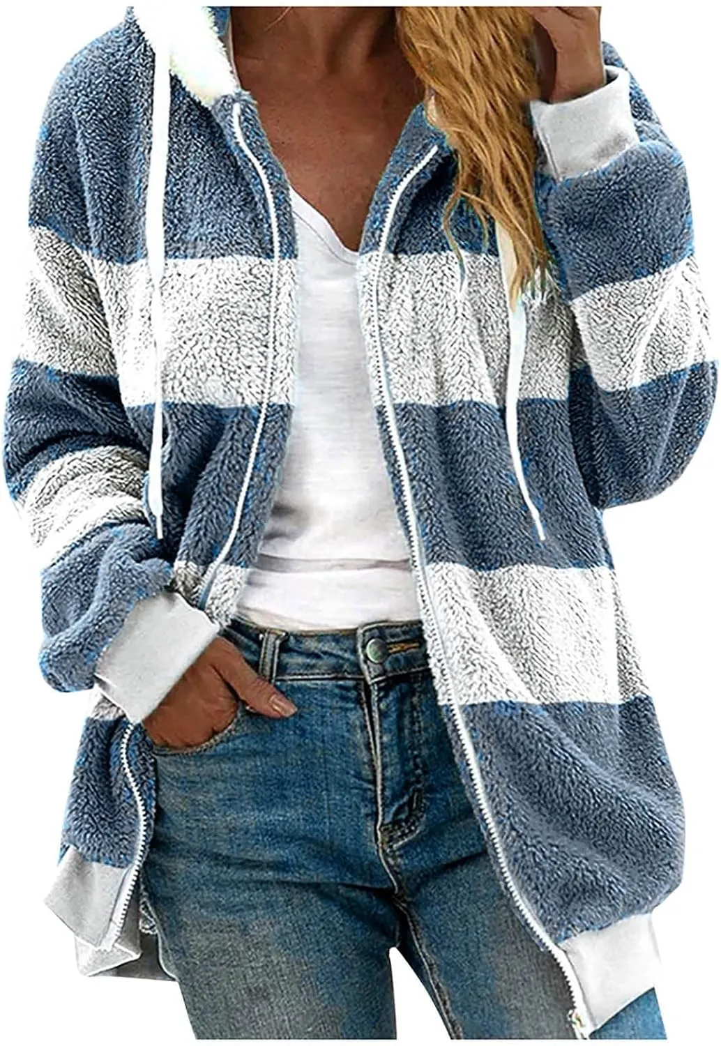 Ladies Large Size Hooded Loose Plush Sweatshirt Comfy Multicolor Paneled Coat Dressy Zip Jacket Casual Dressy Clothes