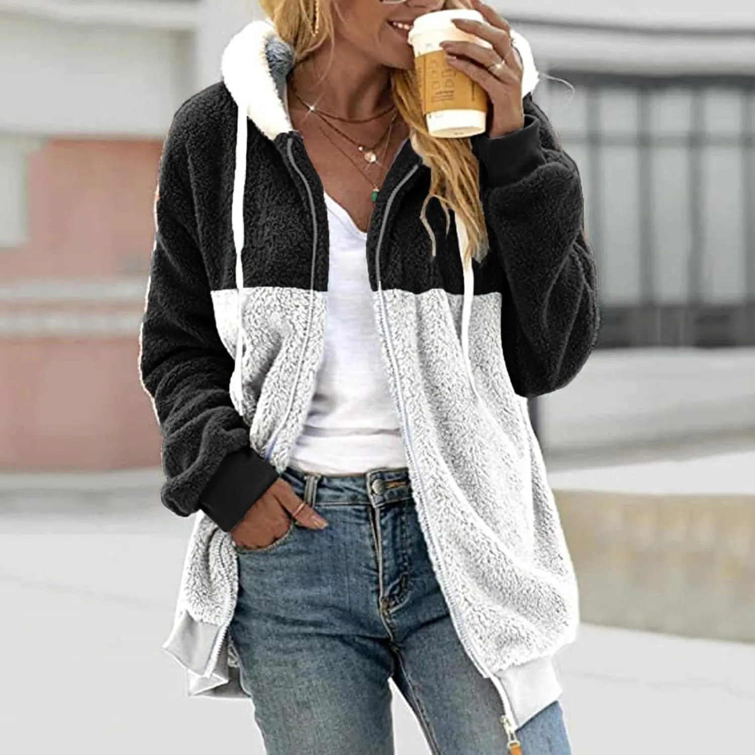 Ladies Large Size Hooded Loose Plush Sweatshirt Comfy Multicolor Paneled Coat Dressy Zip Jacket Casual Dressy Clothes
