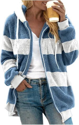 Ladies Large Size Hooded Loose Plush Sweatshirt Comfy Multicolor Paneled Coat Dressy Zip Jacket Casual Dressy Clothes