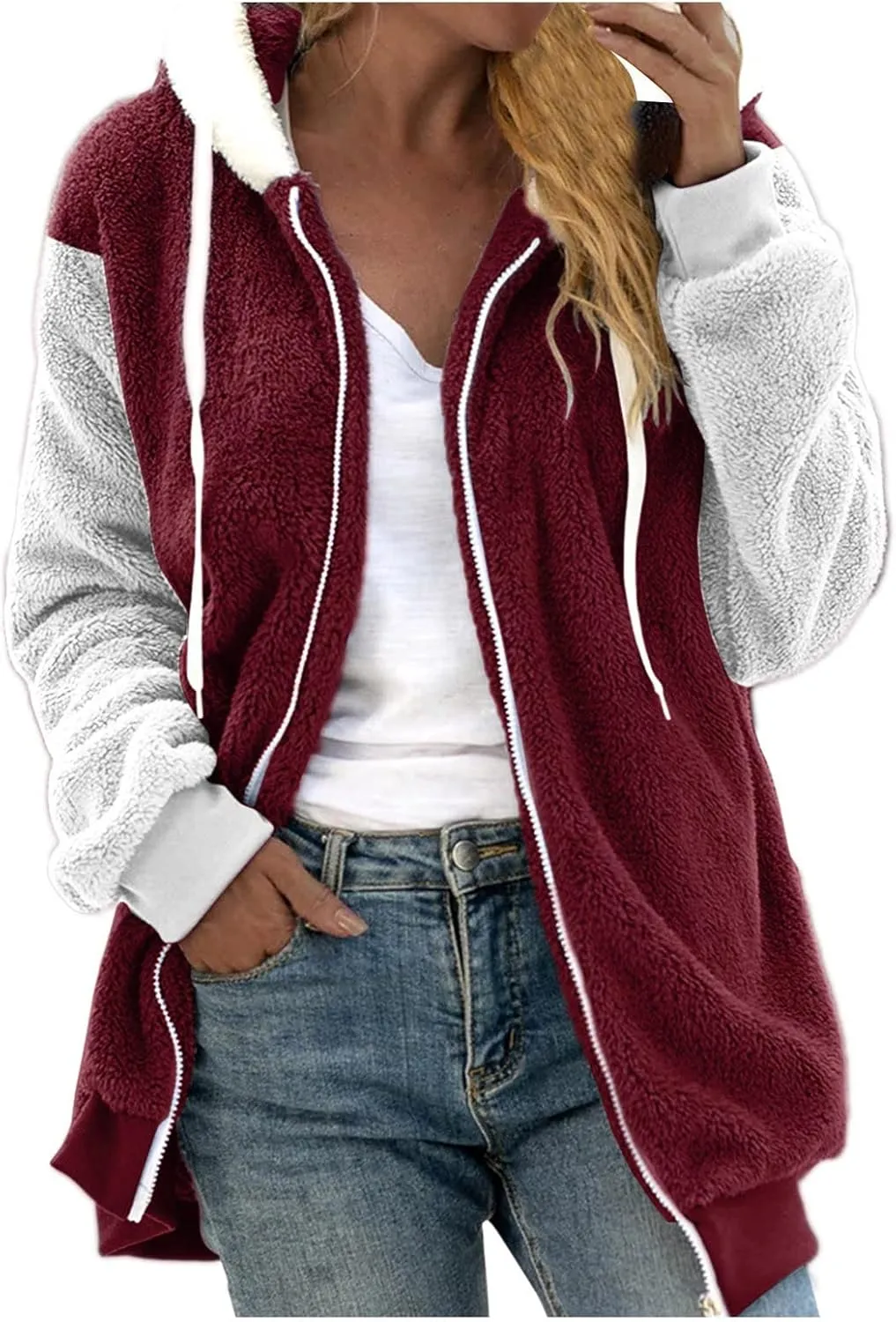 Ladies Large Size Hooded Loose Plush Sweatshirt Comfy Multicolor Paneled Coat Dressy Zip Jacket Casual Dressy Clothes