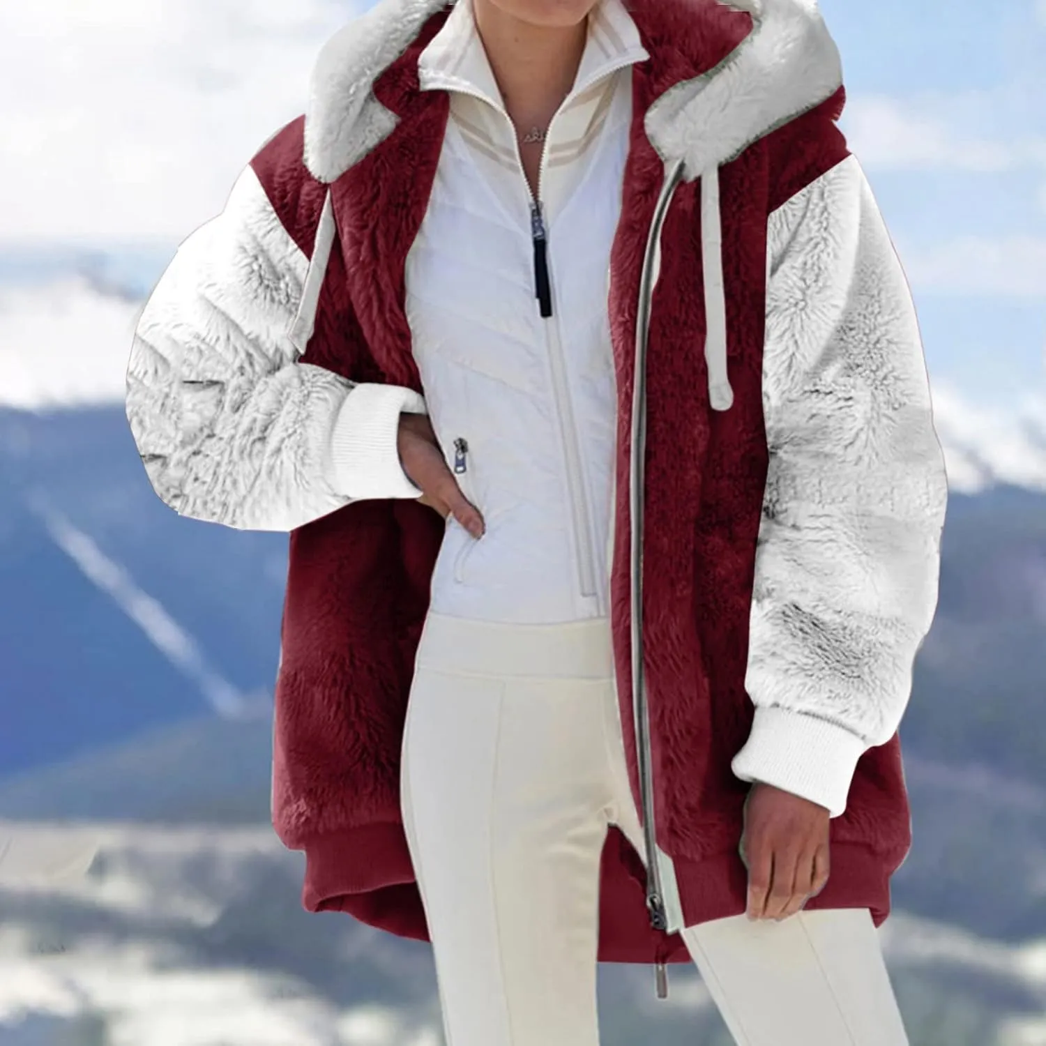 Ladies Large Size Hooded Loose Plush Sweatshirt Comfy Multicolor Paneled Coat Dressy Zip Jacket Casual Dressy Clothes
