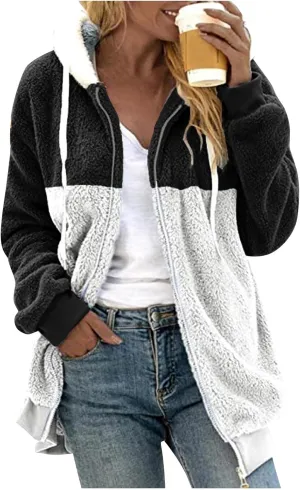 Ladies Large Size Hooded Loose Plush Sweatshirt Comfy Multicolor Paneled Coat Dressy Zip Jacket Casual Dressy Clothes