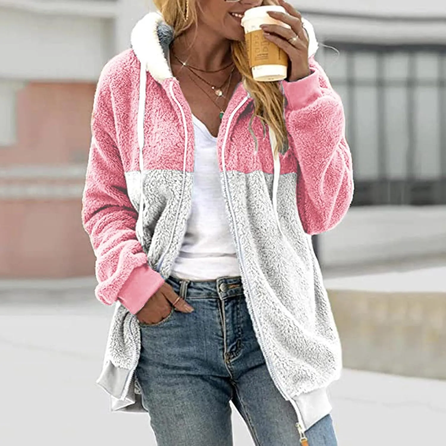 Ladies Large Size Hooded Loose Plush Sweatshirt Comfy Multicolor Paneled Coat Dressy Zip Jacket Casual Dressy Clothes