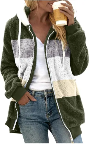 Ladies Large Size Hooded Loose Plush Sweatshirt Comfy Multicolor Paneled Coat Dressy Zip Jacket Casual Dressy Clothes