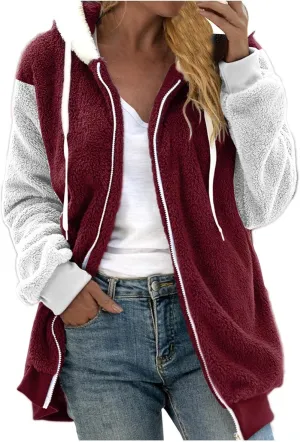 Ladies Large Size Hooded Loose Plush Sweatshirt Comfy Multicolor Paneled Coat Dressy Zip Jacket Casual Dressy Clothes