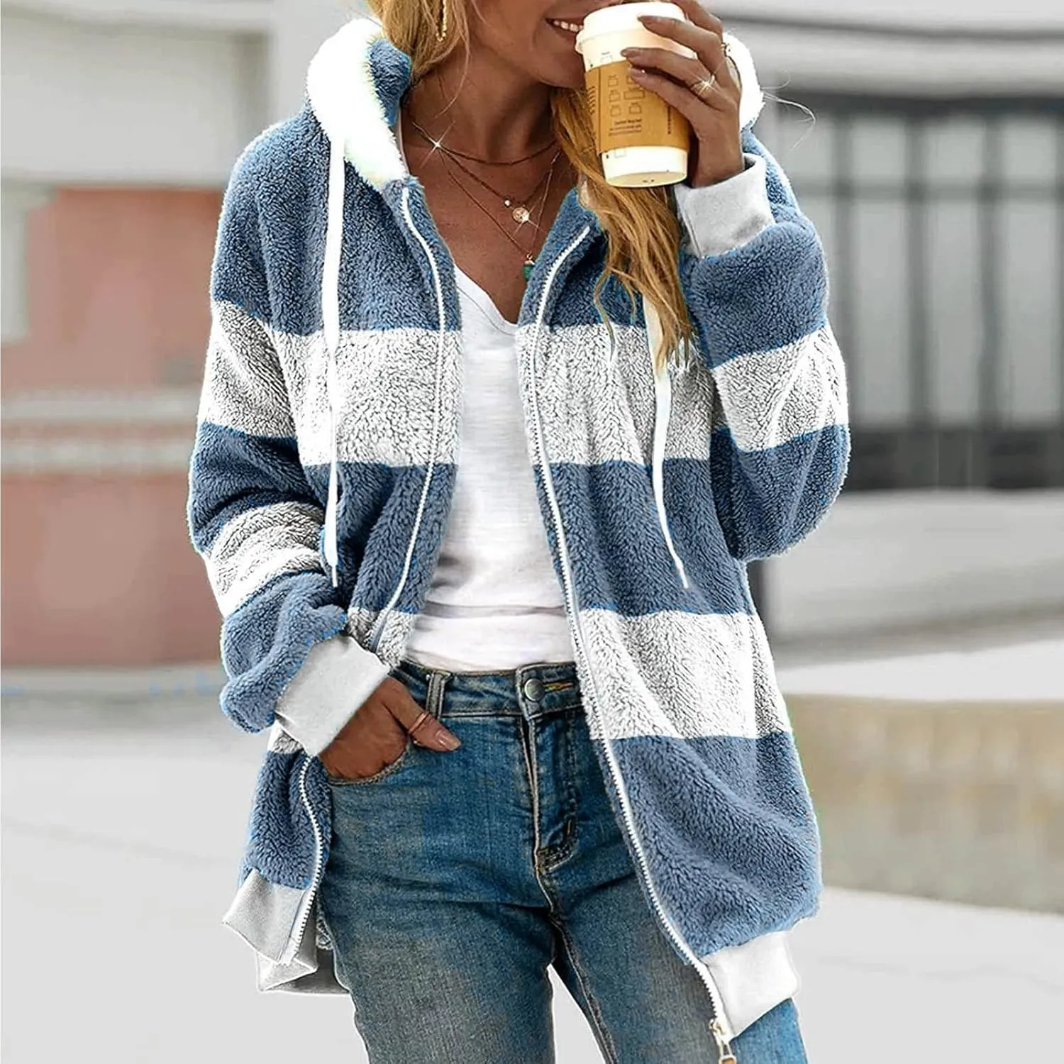 Ladies Large Size Hooded Loose Plush Sweatshirt Comfy Multicolor Paneled Coat Dressy Zip Jacket Casual Dressy Clothes