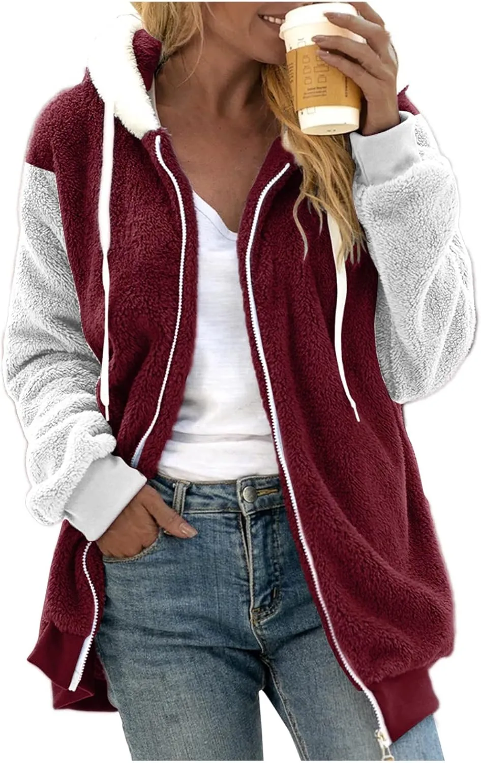 Ladies Large Size Hooded Loose Plush Sweatshirt Comfy Multicolor Paneled Coat Dressy Zip Jacket Casual Dressy Clothes