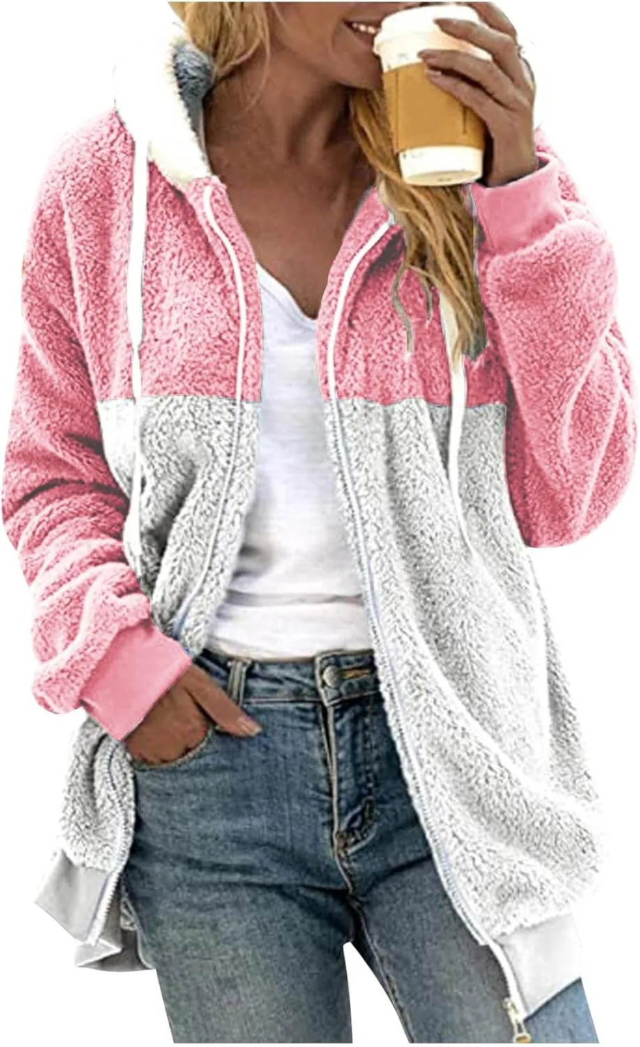 Ladies Large Size Hooded Loose Plush Sweatshirt Comfy Multicolor Paneled Coat Dressy Zip Jacket Casual Dressy Clothes