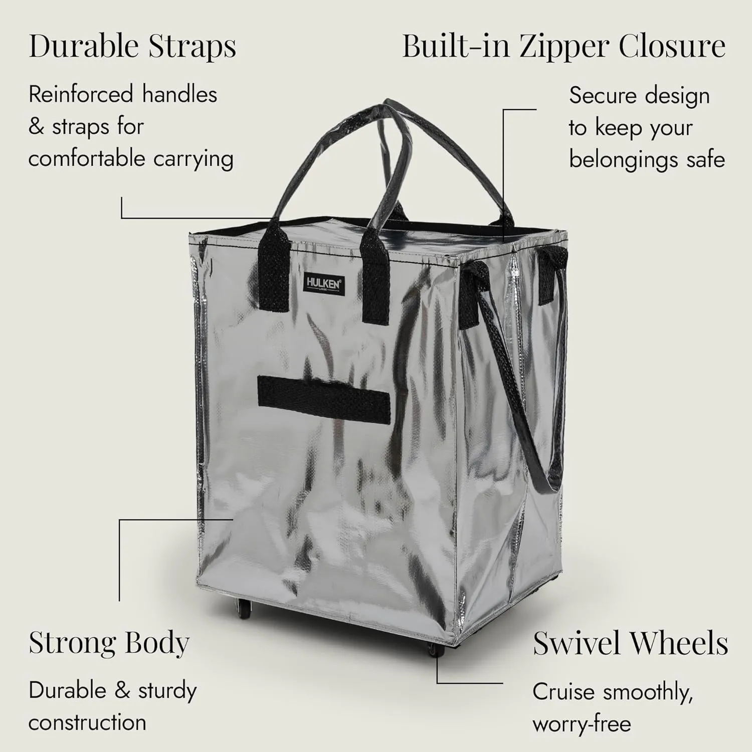 (Large, Silver) Reusable Grocery Bag On Wheels, Shopping Trolley, Rolling Tote, Zipper Closure, Lightweight, Carries Up to 66 lb, Folds Flat, Unbreakable Handles