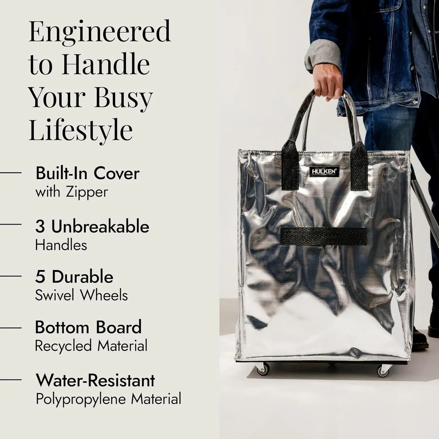 (Large, Silver) Reusable Grocery Bag On Wheels, Shopping Trolley, Rolling Tote, Zipper Closure, Lightweight, Carries Up to 66 lb, Folds Flat, Unbreakable Handles