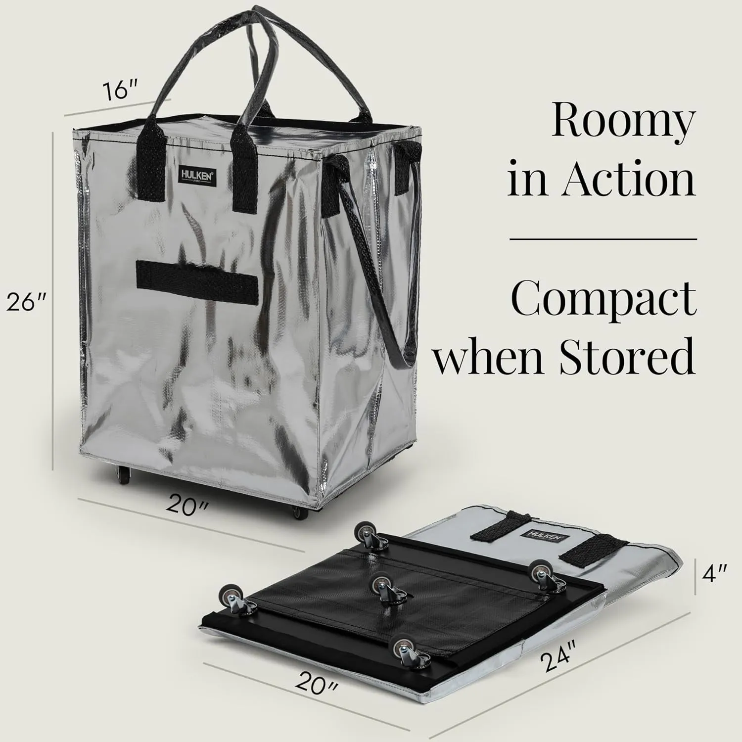 (Large, Silver) Reusable Grocery Bag On Wheels, Shopping Trolley, Rolling Tote, Zipper Closure, Lightweight, Carries Up to 66 lb, Folds Flat, Unbreakable Handles