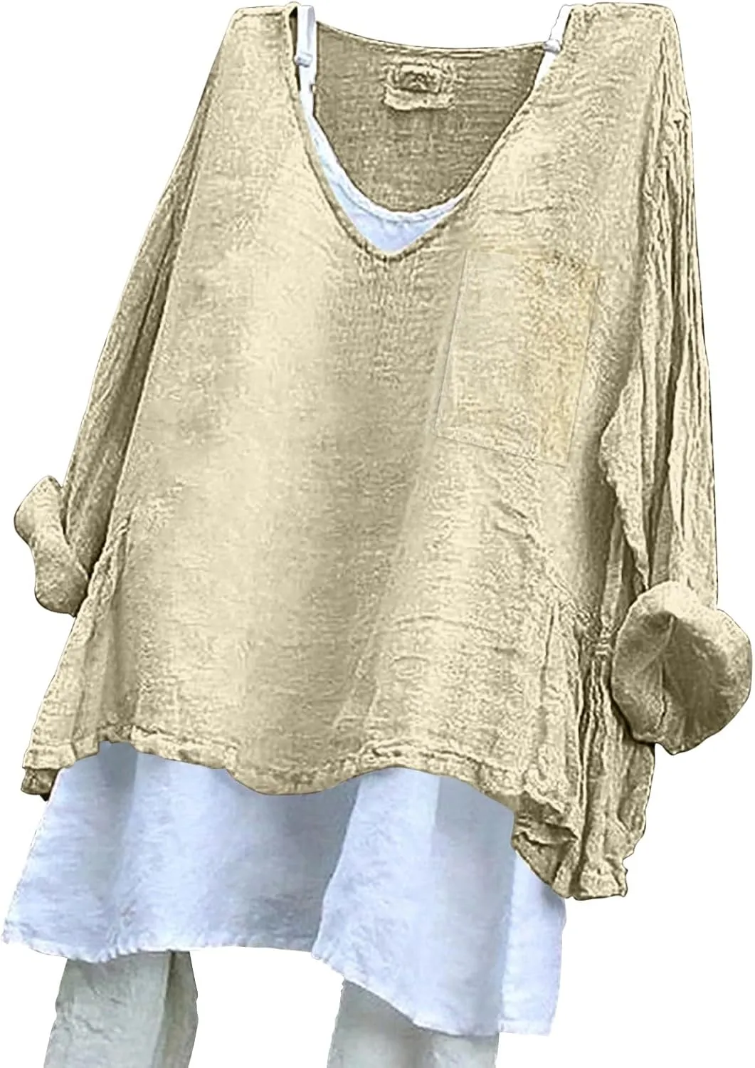 Linen Shirts for Women V Neck Long Rolled Sleeve Office Work Tops Casual Boho Vintage Vacation Tees Shirt Blouse