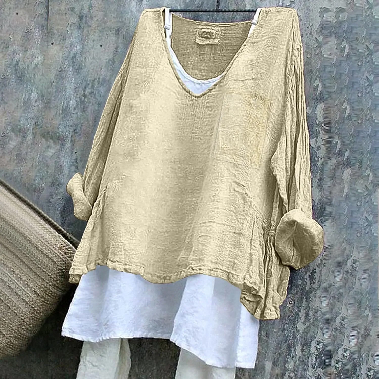 Linen Shirts for Women V Neck Long Rolled Sleeve Office Work Tops Casual Boho Vintage Vacation Tees Shirt Blouse