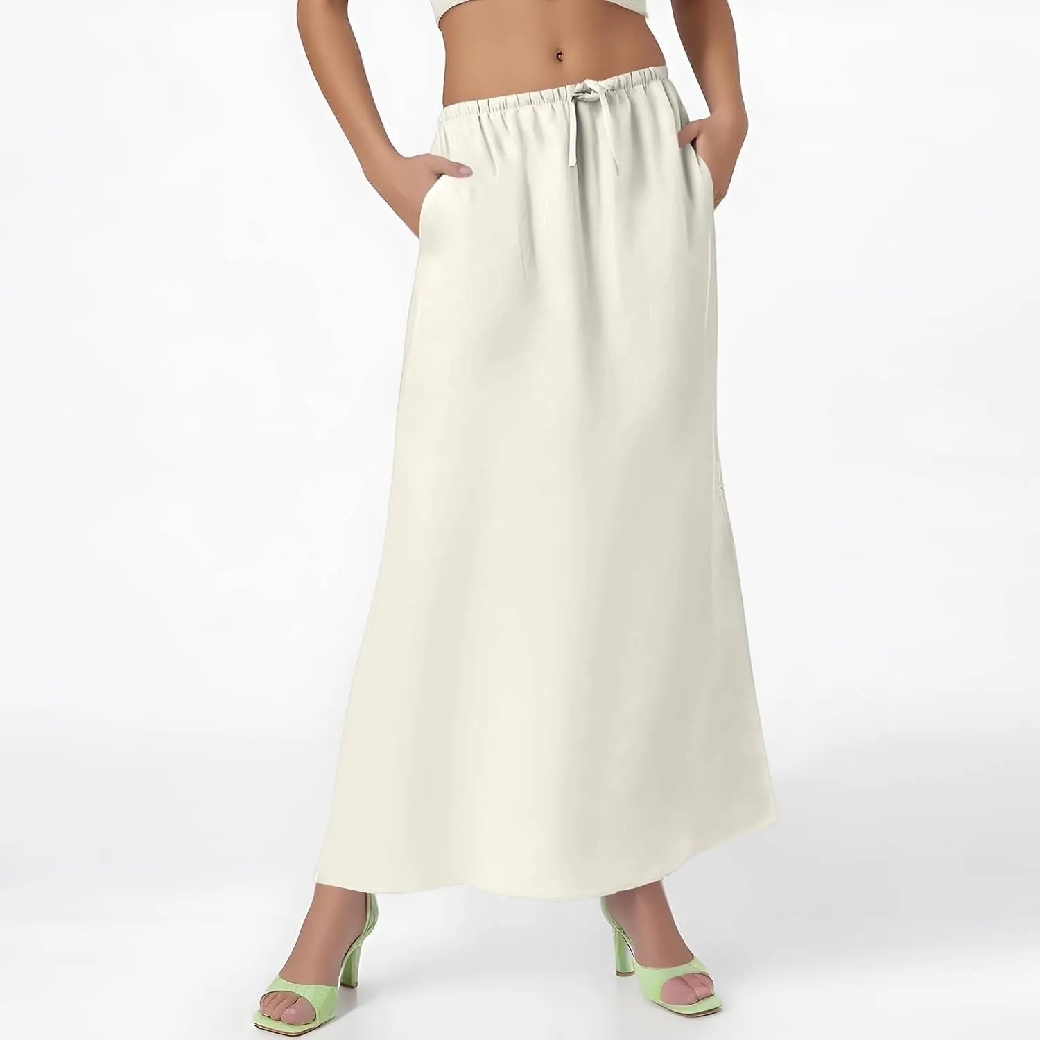 Linen Skirts for Women Trendy Summer Boho Maxi Skirts with Back Slit Casual Elastic Waist Drawstring Long Flowy Skirt