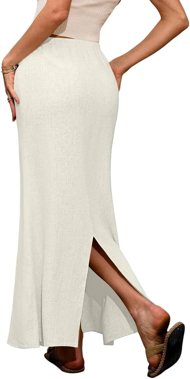 Linen Skirts for Women Trendy Summer Boho Maxi Skirts with Back Slit Casual Elastic Waist Drawstring Long Flowy Skirt