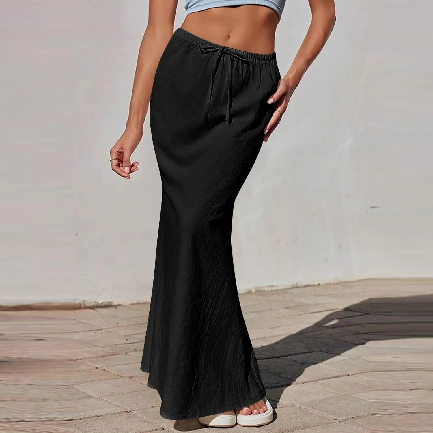 Linen Skirts for Women Trendy Summer Boho Maxi Skirts with Back Slit Casual Elastic Waist Drawstring Long Flowy Skirt
