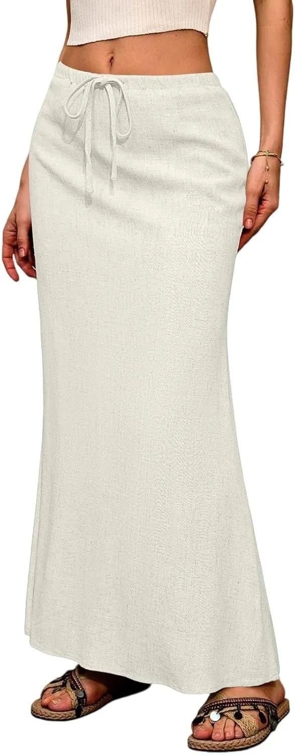 Linen Skirts for Women Trendy Summer Boho Maxi Skirts with Back Slit Casual Elastic Waist Drawstring Long Flowy Skirt