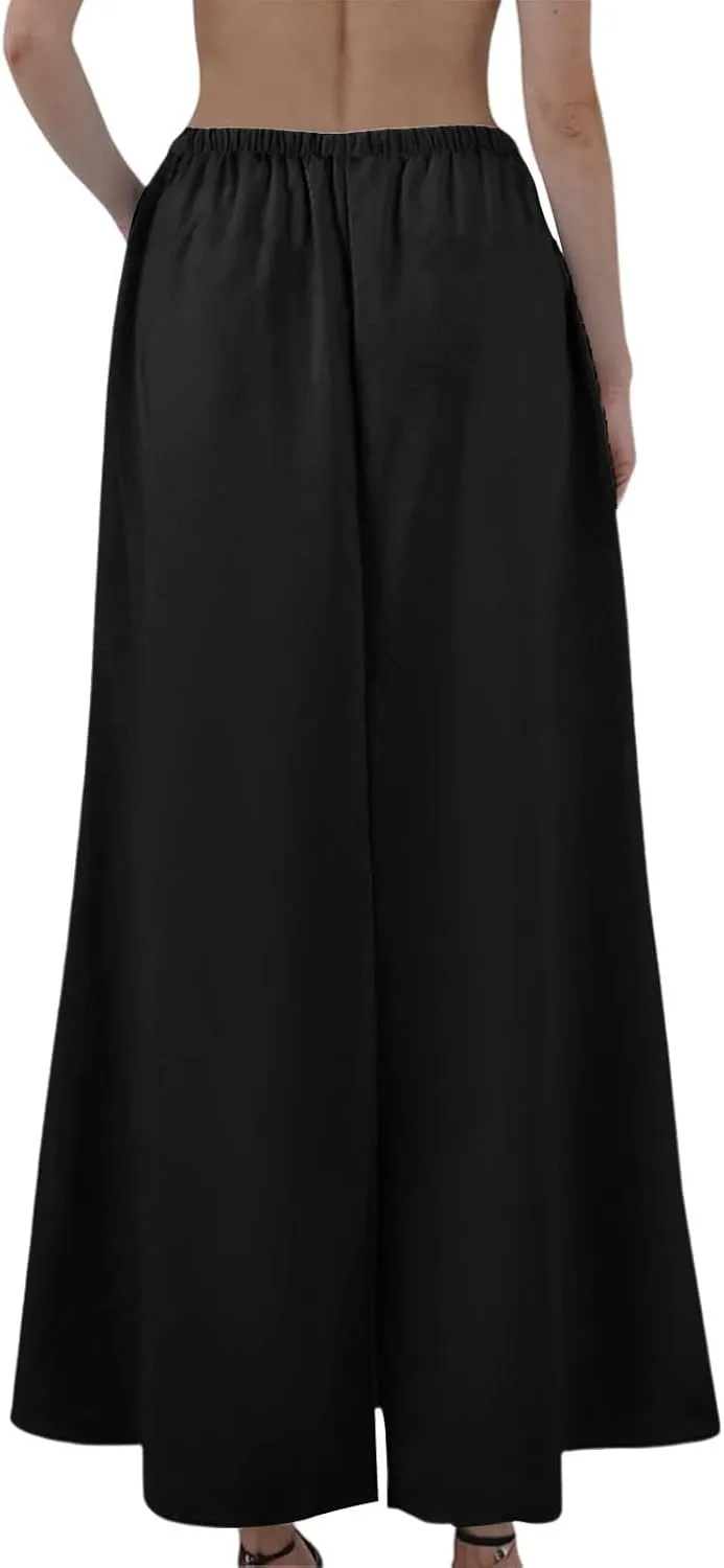 Linen Skirts for Women Trendy Summer Boho Maxi Skirts with Back Slit Casual Elastic Waist Drawstring Long Flowy Skirt