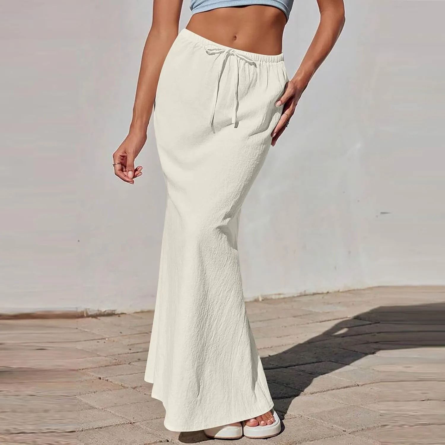 Linen Skirts for Women Trendy Summer Boho Maxi Skirts with Back Slit Casual Elastic Waist Drawstring Long Flowy Skirt
