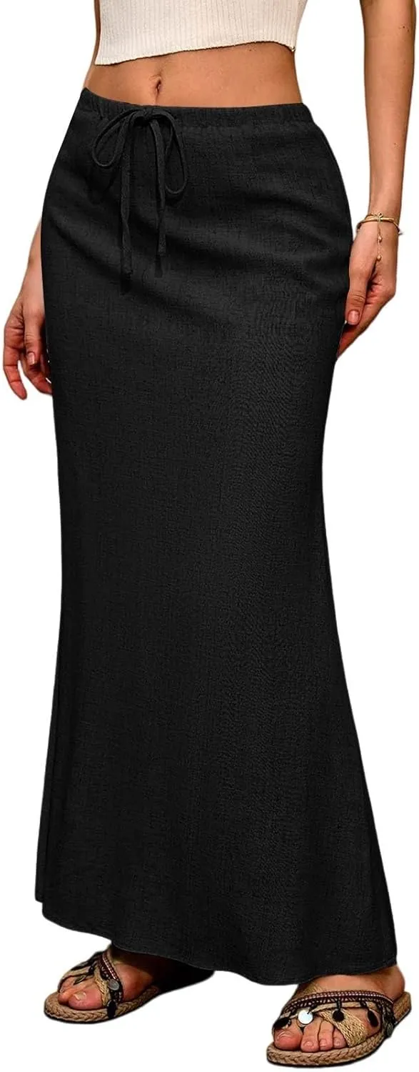 Linen Skirts for Women Trendy Summer Boho Maxi Skirts with Back Slit Casual Elastic Waist Drawstring Long Flowy Skirt