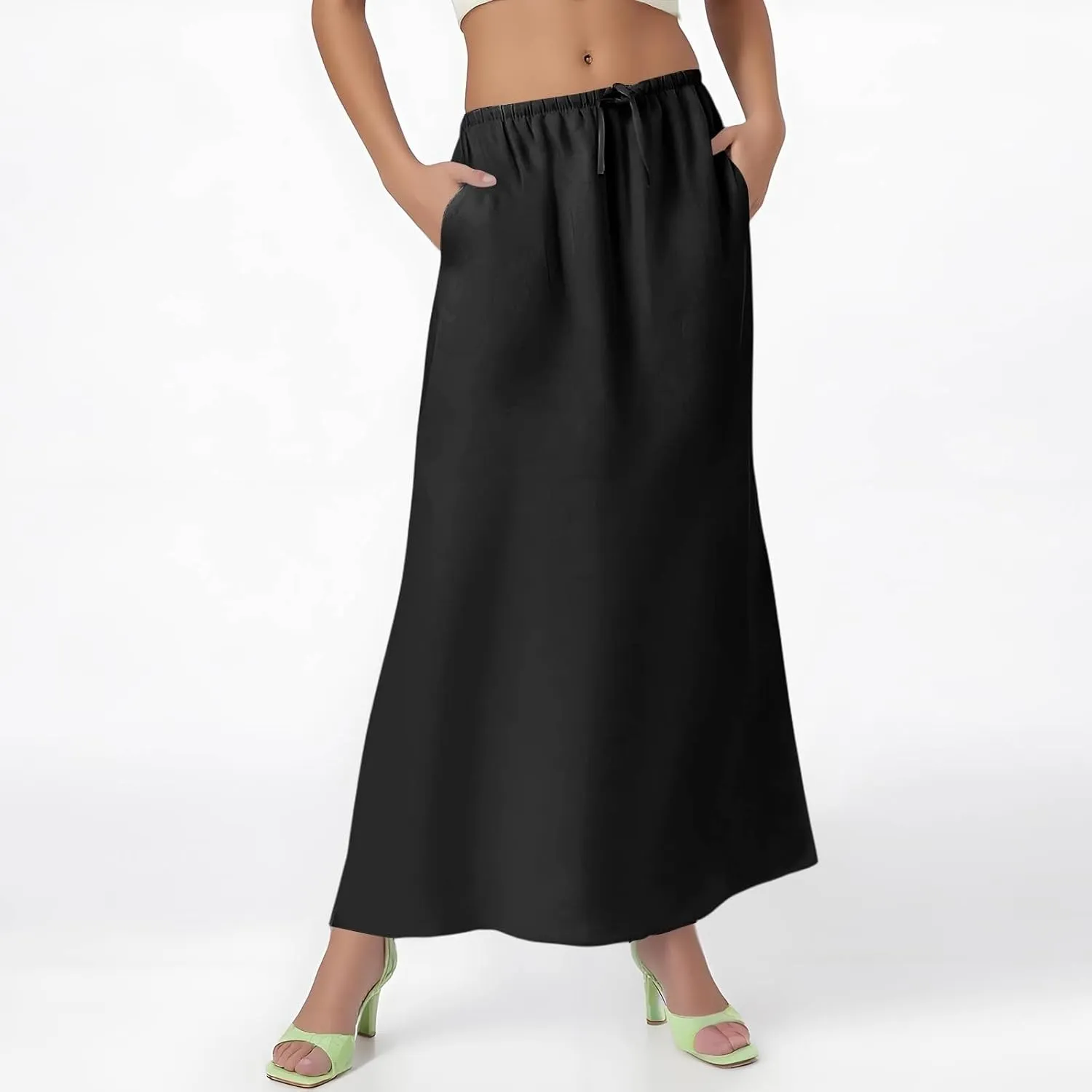 Linen Skirts for Women Trendy Summer Boho Maxi Skirts with Back Slit Casual Elastic Waist Drawstring Long Flowy Skirt