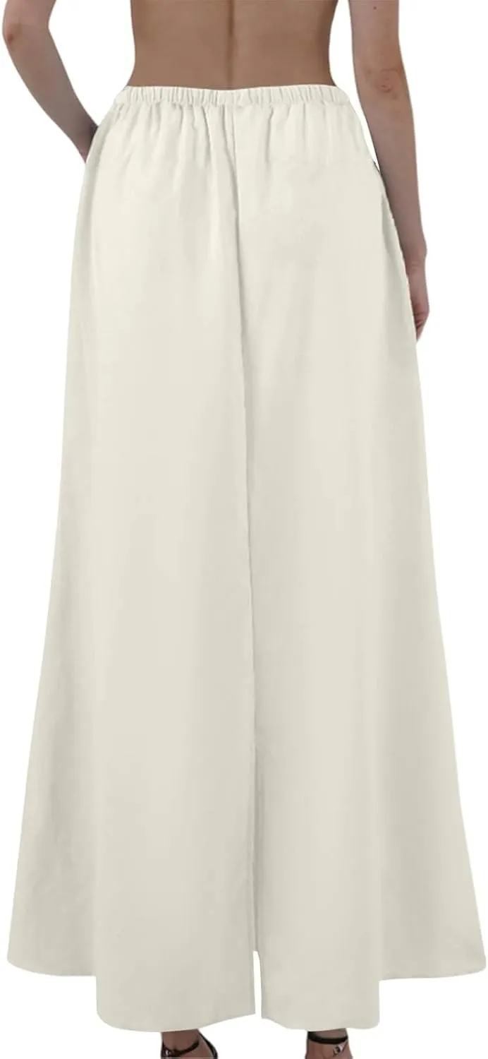 Linen Skirts for Women Trendy Summer Boho Maxi Skirts with Back Slit Casual Elastic Waist Drawstring Long Flowy Skirt