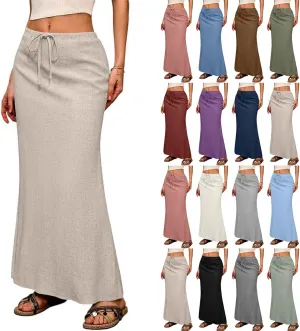 Linen Skirts for Women Trendy Summer Boho Maxi Skirts with Back Slit Casual Elastic Waist Drawstring Long Flowy Skirt