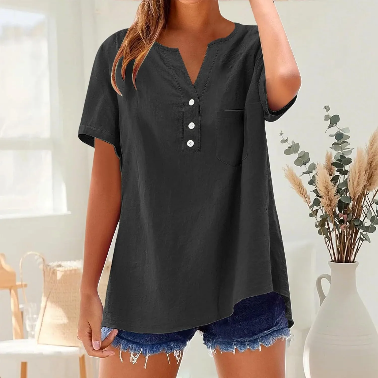 Linen Tops for Women 2025 Summer Trendy Short Sleeve Tshirts Workout Button Down Plus Size Cotton Linen Shirt