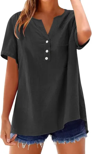 Linen Tops for Women 2025 Summer Trendy Short Sleeve Tshirts Workout Button Down Plus Size Cotton Linen Shirt