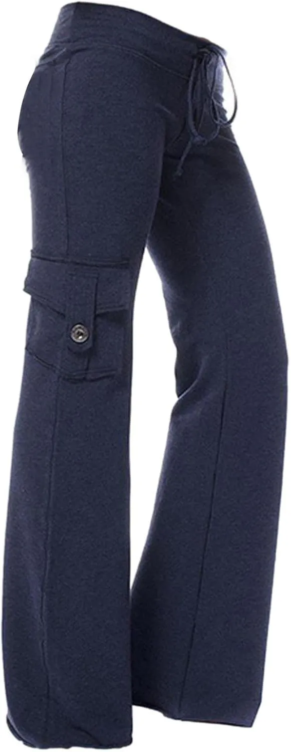 Low Waisted Pants for Women Comfy Slim Fit Flared Pants Elastic Drawstring Straight Leg Trouser with Pockets(Plus Size)