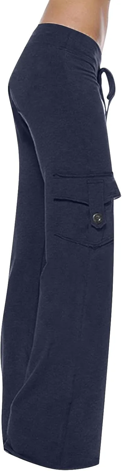 Low Waisted Pants for Women Comfy Slim Fit Flared Pants Elastic Drawstring Straight Leg Trouser with Pockets(Plus Size)