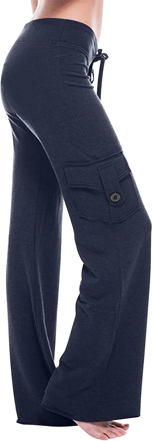 Low Waisted Pants for Women Comfy Slim Fit Flared Pants Elastic Drawstring Straight Leg Trouser with Pockets(Plus Size)