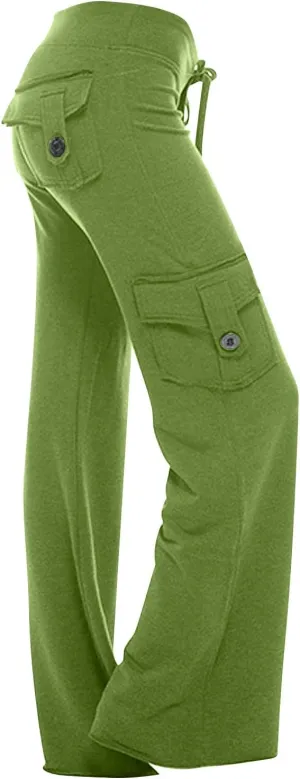 Low Waisted Pants for Women Comfy Slim Fit Flared Pants Elastic Drawstring Straight Leg Trouser with Pockets(Plus Size)