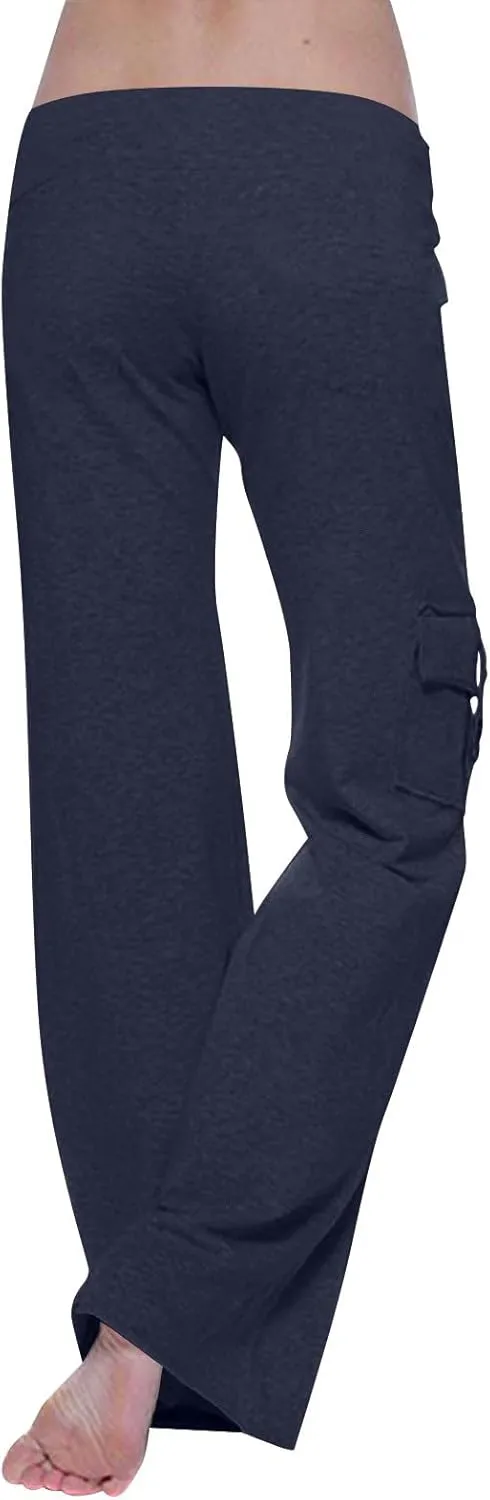 Low Waisted Pants for Women Comfy Slim Fit Flared Pants Elastic Drawstring Straight Leg Trouser with Pockets(Plus Size)