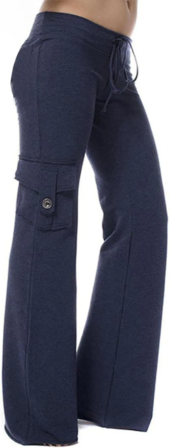 Low Waisted Pants for Women Comfy Slim Fit Flared Pants Elastic Drawstring Straight Leg Trouser with Pockets(Plus Size)