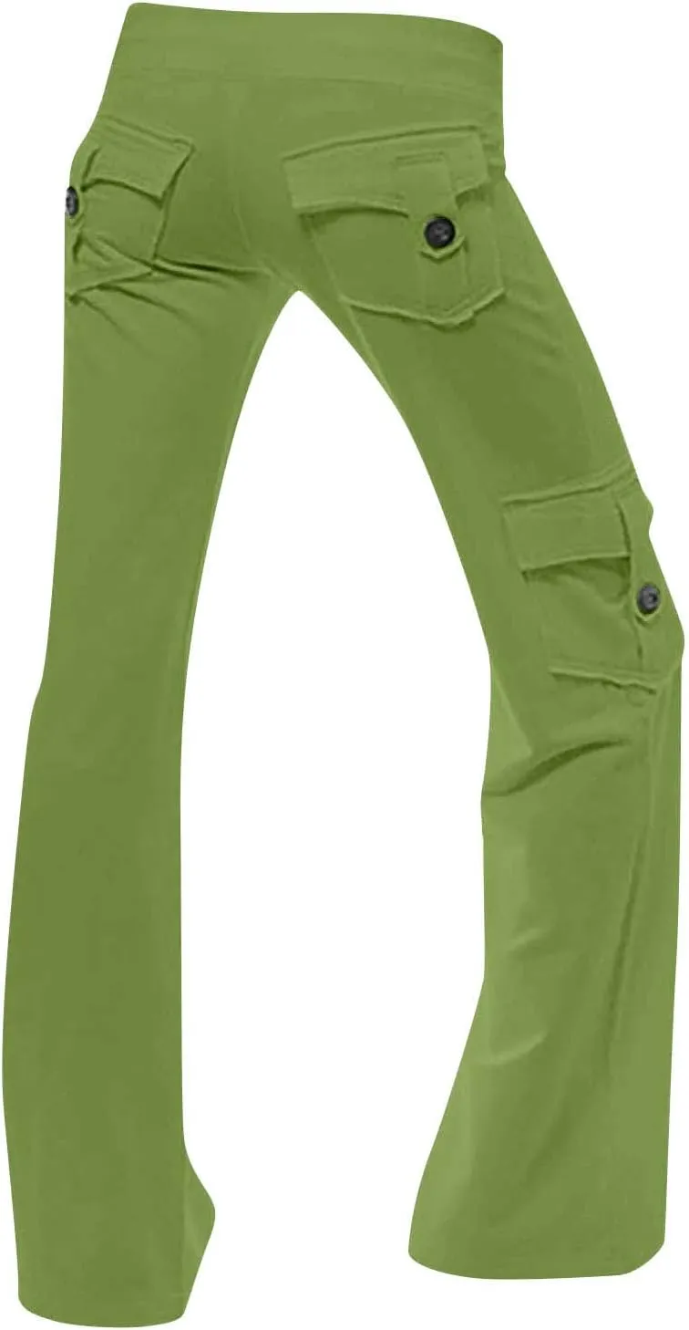 Low Waisted Pants for Women Comfy Slim Fit Flared Pants Elastic Drawstring Straight Leg Trouser with Pockets(Plus Size)