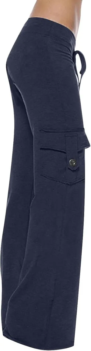 Low Waisted Pants for Women Comfy Slim Fit Flared Pants Elastic Drawstring Straight Leg Trouser with Pockets(Plus Size)