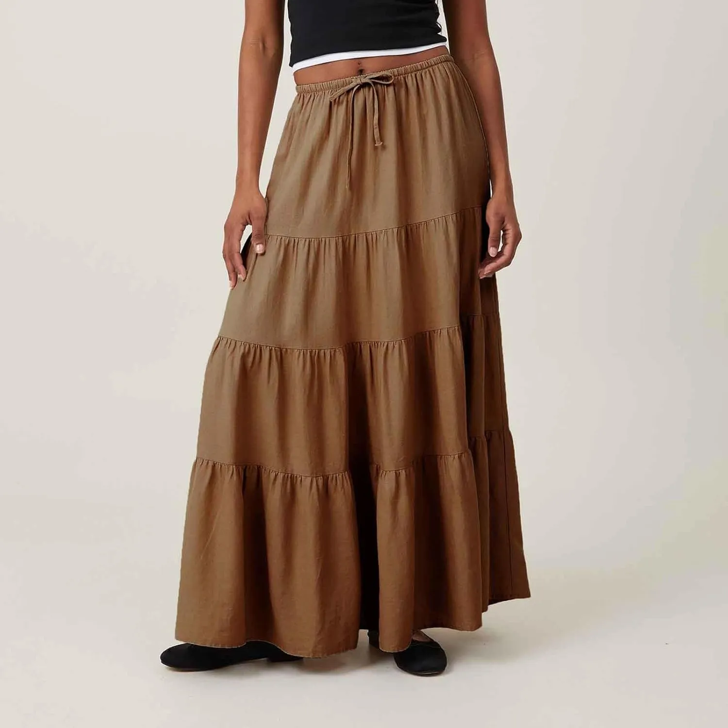 Maxi Skirt for Women Summer Comfy Tiered Drawstring Elastic High Waisted Vacation A-Line Flowy Swing Long Skirts