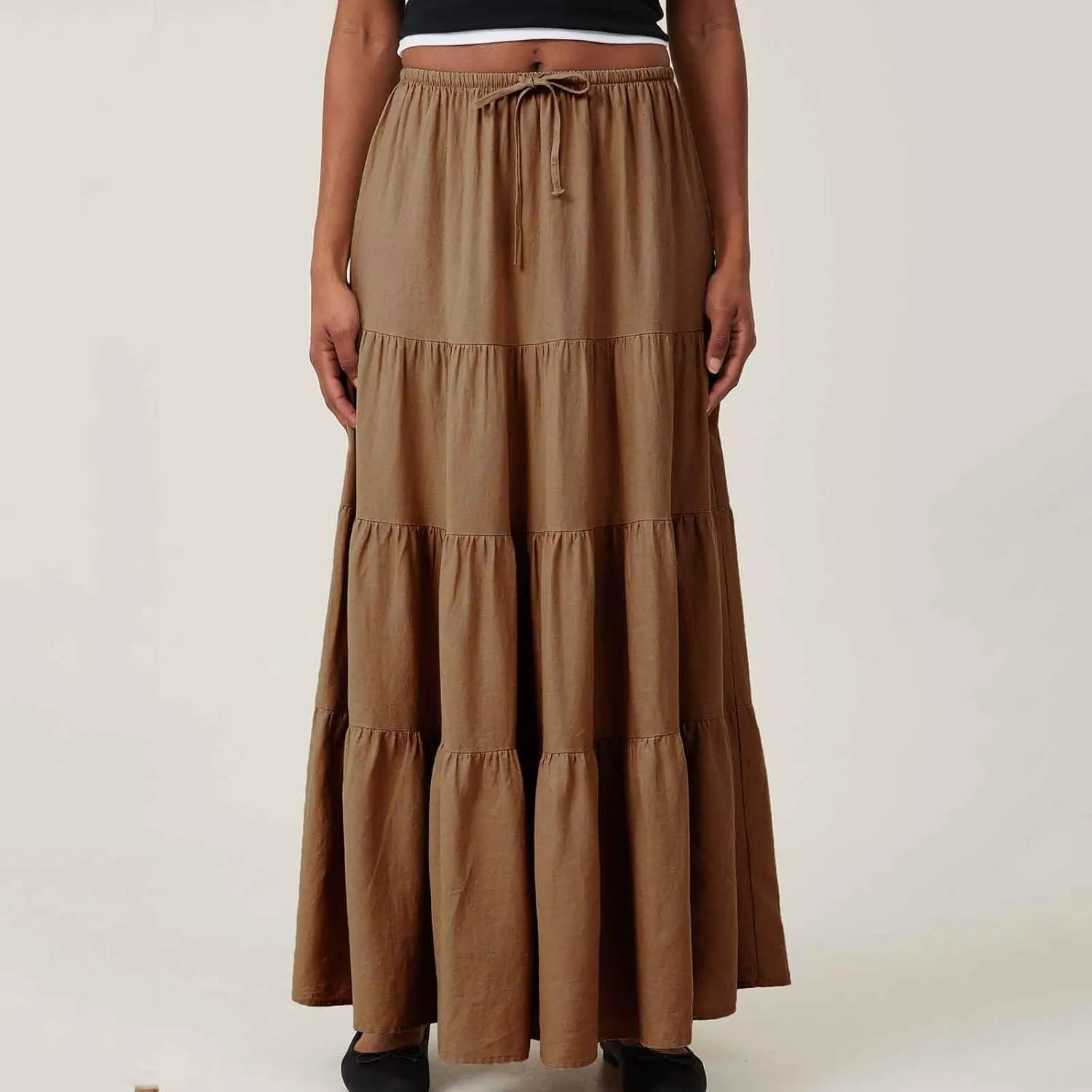 Maxi Skirt for Women Summer Comfy Tiered Drawstring Elastic High Waisted Vacation A-Line Flowy Swing Long Skirts