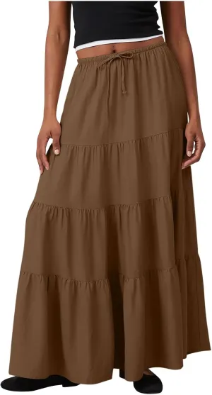 Maxi Skirt for Women Summer Comfy Tiered Drawstring Elastic High Waisted Vacation A-Line Flowy Swing Long Skirts